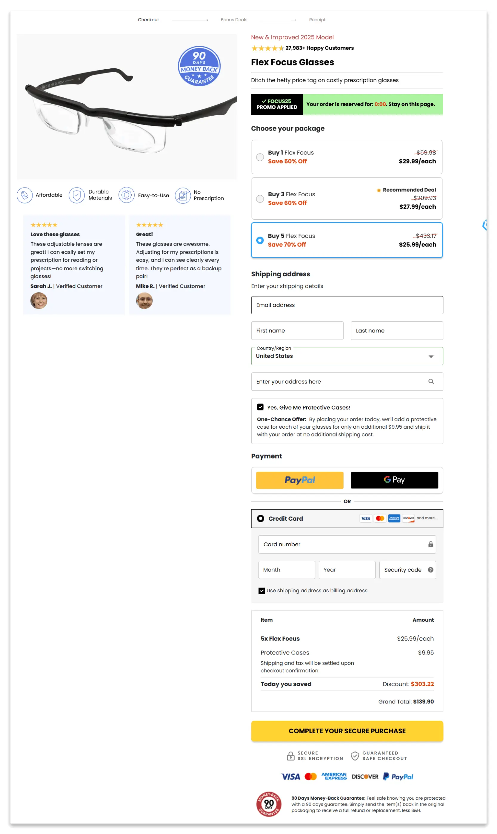 Flex Focus Glasses checkout page